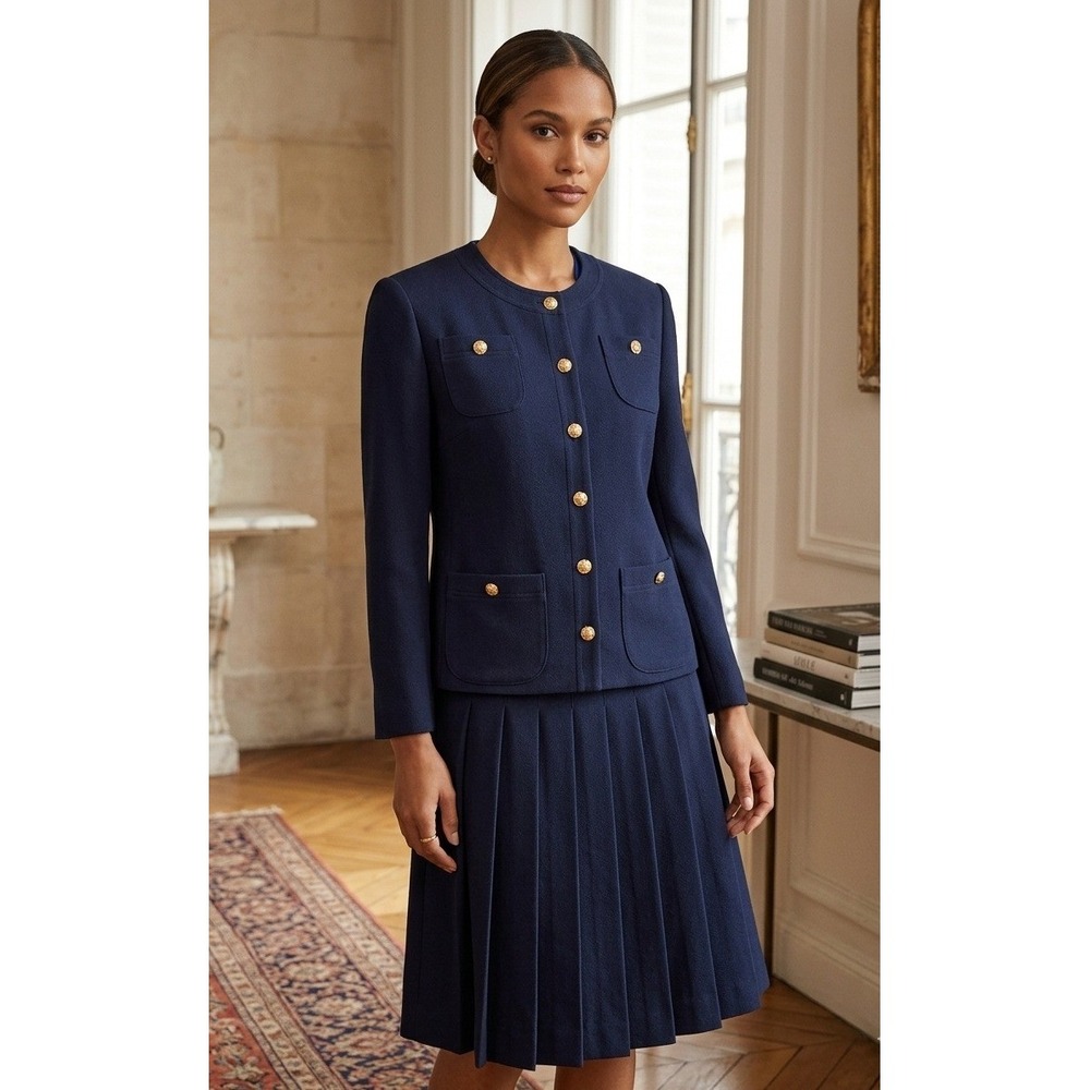 Y2K Vtg Doncaster 2 Piece Set Navy Blue Gold Buttons Pleated Skirt Office READ
